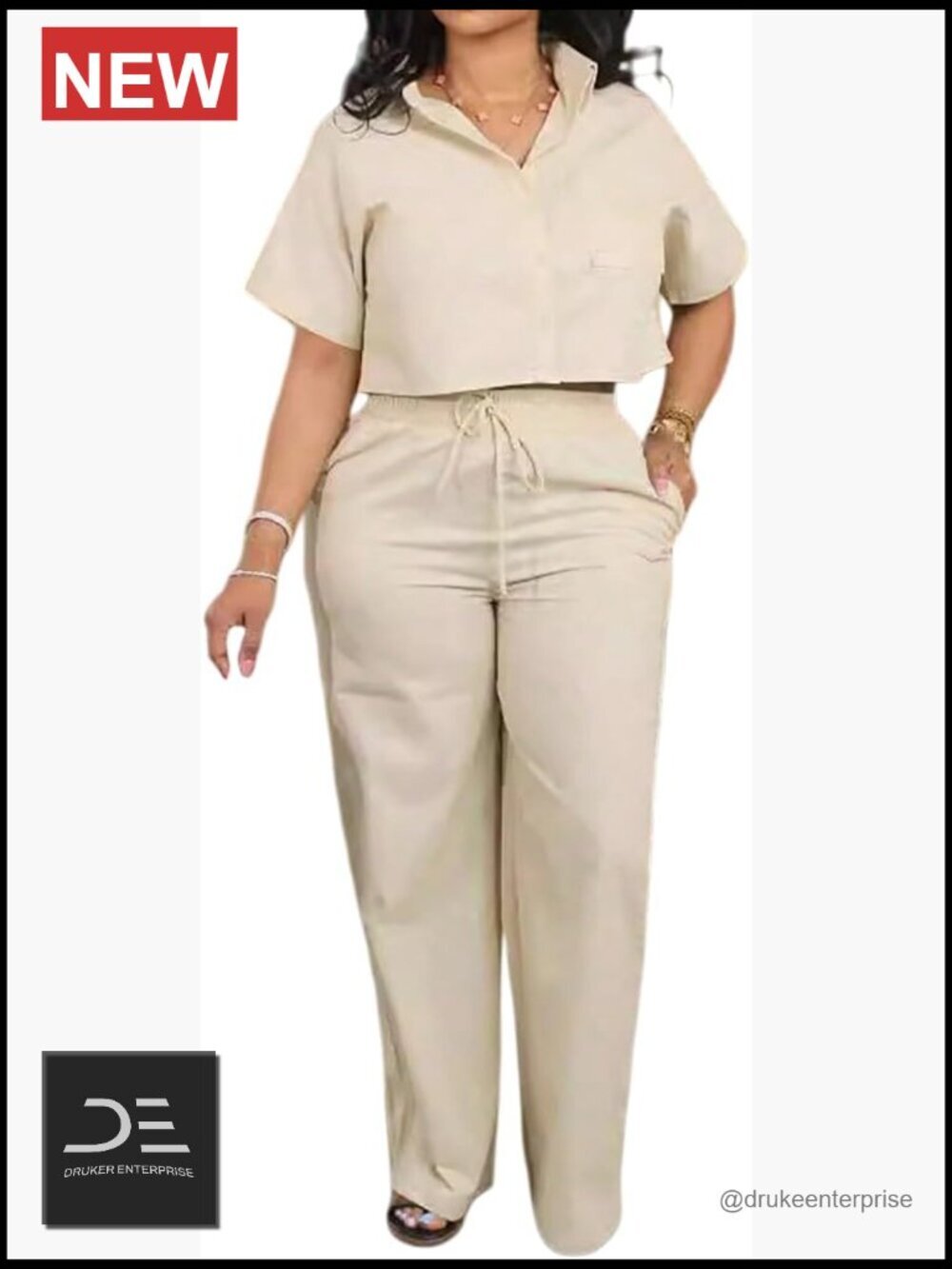 Linen Crop Top & Wide Leg Pants Set - 2 Piece Tracksuit